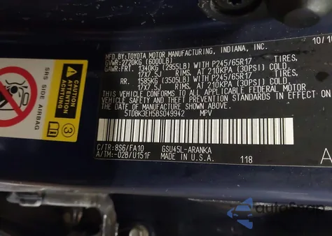 2011 Toyota Highlander Base V6 z USA, uszkodzony, nr VIN 5TDBK3EH5BS049942